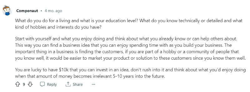 A Reddit post suggesting someone start a business if they want to turn 10k into 100k.