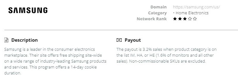 Screenshot of the FlexOffers Payout for Samsung affiliates.