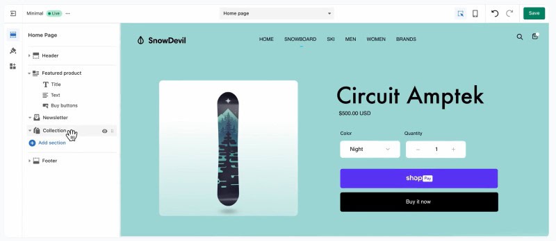 Example of a snowboard for sale on the Shopify platform