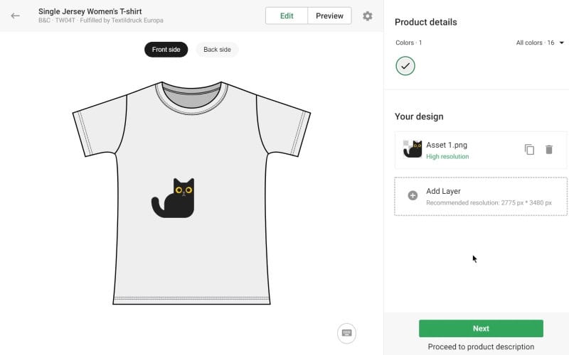 Printify mock up tool of a white t-shirt with a black cat on it. 