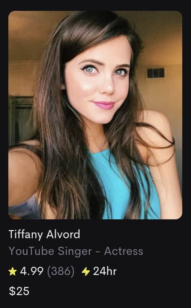 Screenshot of Tiffany Alvord on Cameo, where you can purchase a shout out from her for $25.