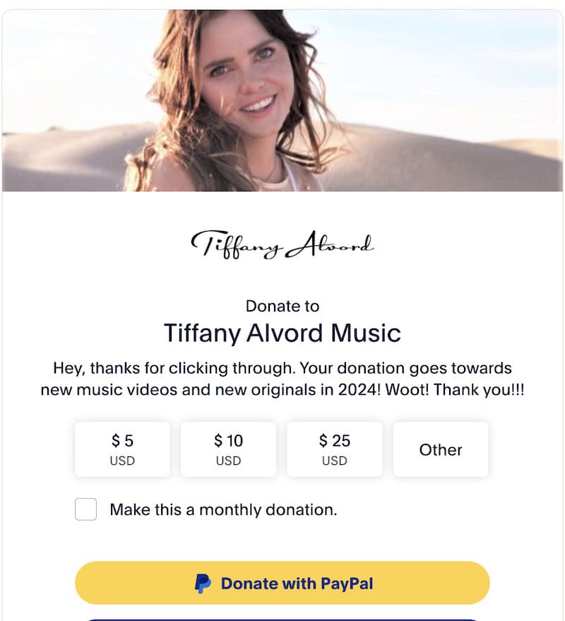  A screenshot of Tiffany Alvord’s virtual tip jar on PayPal.