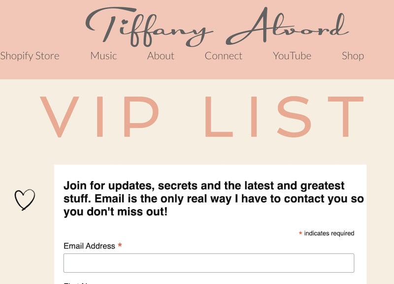 Screenshot of Tiffany Alvord’s VIP List email marketing sign up form