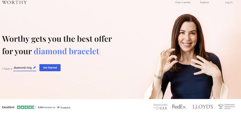 A screenshot of Worthy.com’s website, which shows a woman potentially selling her diamond ring.