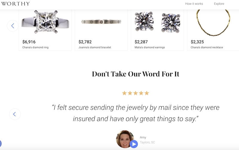 Screenshot of the types of jewelry Worthy has sold.