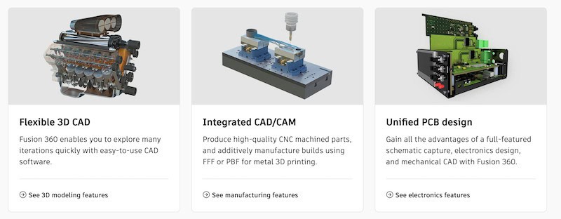 Autodesk Fusion 360 offers flexible 3D CAD, integrated CAD/CAM, and unified PCB design. 