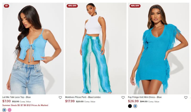 Outfits for sale on Fashion Nova's website. 