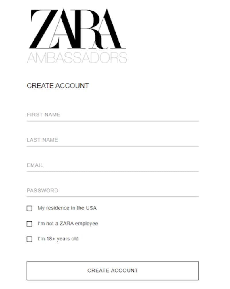 The create an account page for Zara ambassadors. 