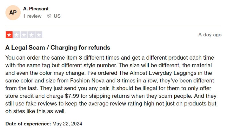 A Fashion Nova customer complaining about not being able to get a refund when their order was messed up. 