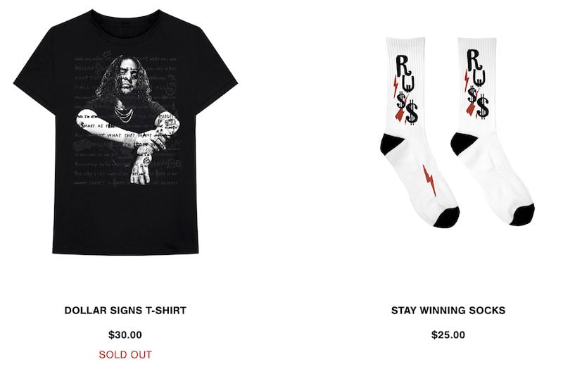 Screenshot of some of the merch rapper Russ sells, including shirts and socks.