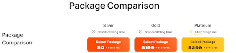 Bizee offers different LLC pricing tiers. 