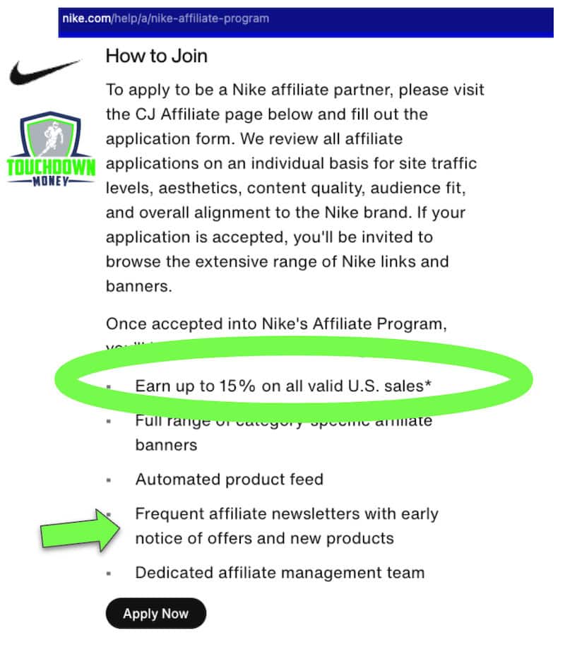 A screenshot explaining how to join the Nike affiliate program. 