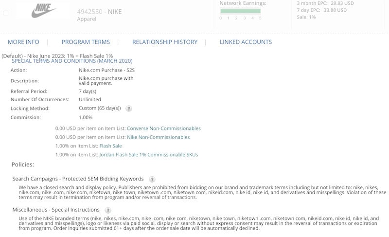 A screenshot of the Nike affiliate program available on the CJ affiliate platform. 