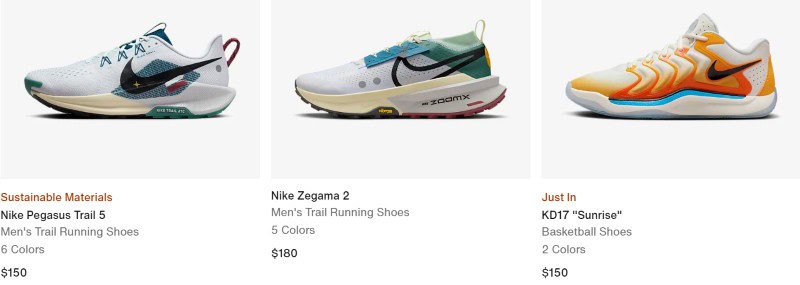 Tennis shoes for sale on the Nike website. 