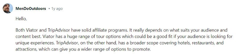 A person on Reddit sharing their positive Viator affiliate program review. 