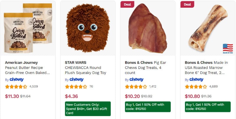 Pet toys available for sale on Chewy that affiliate marketers can promote on their pet care blogs. 