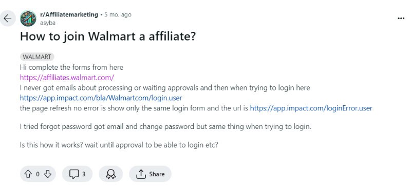 A Redditor asks others how to join the Walmart affiliate program.