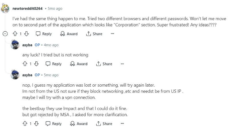 On Reddit, two people discuss their issues signing up for the Walmart Affiliate Program.