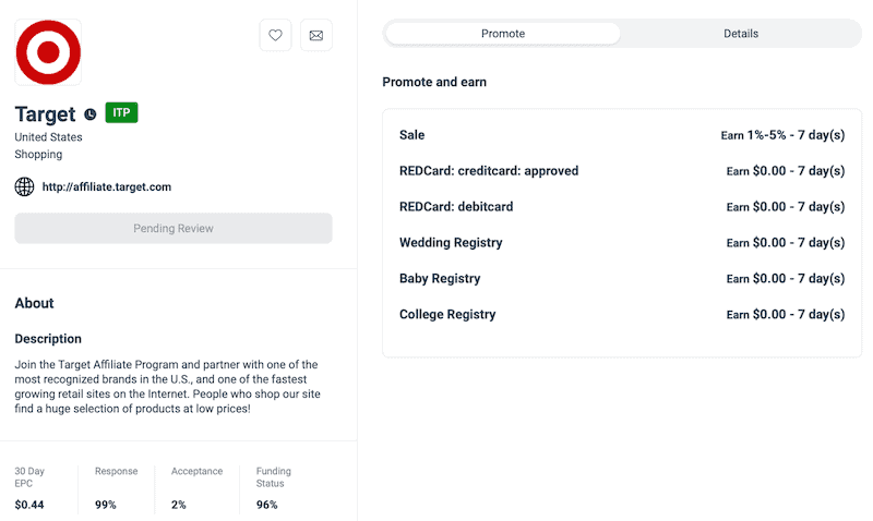 A screenshot of what the Target Affiliate program looks like on the Impact Radius network. 