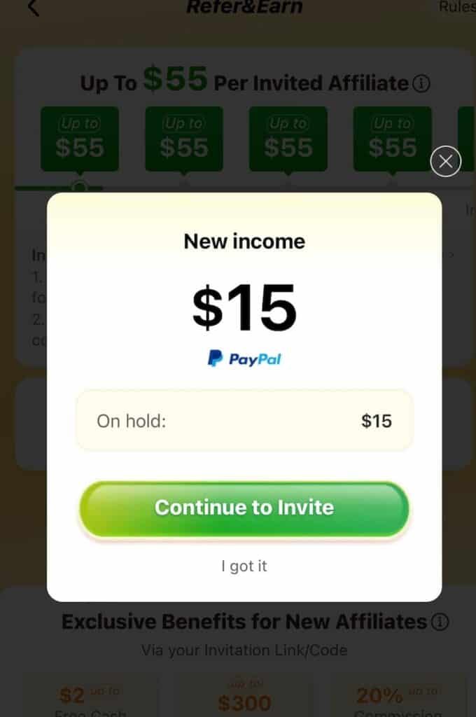 Temu affiliate program screen showing that I earned $15 dollars that will be sent to my PayPal account.