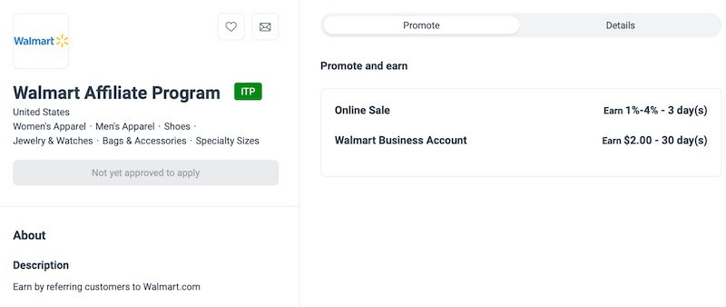 This is how the Walmart Affiliate Program appears within the Impact Radius affiliate platform.