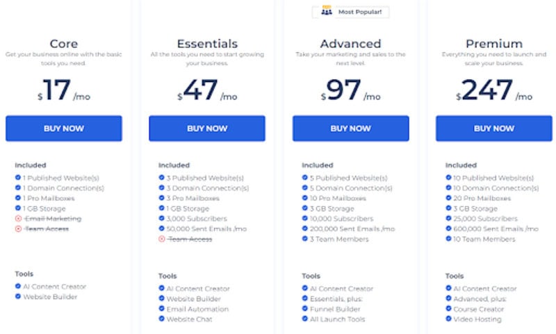 Builderall has four pricing plans available. 