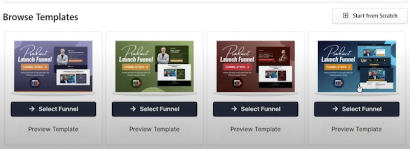 A screenshot of available sales funnel templates on ClickFunnels. 