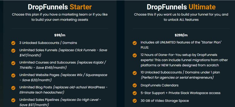 The two DropFunnels pricing plan options. 