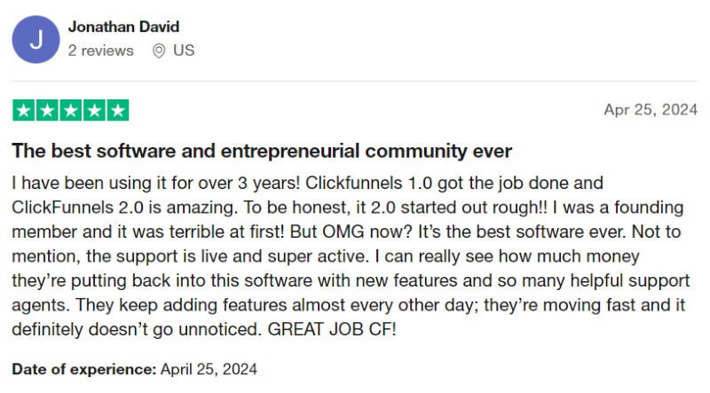 A positive ClickFunnels 2.0 customer review. 