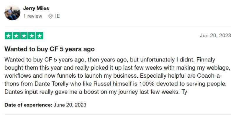 A super positive ClickFunnels review on Trustpilot. 