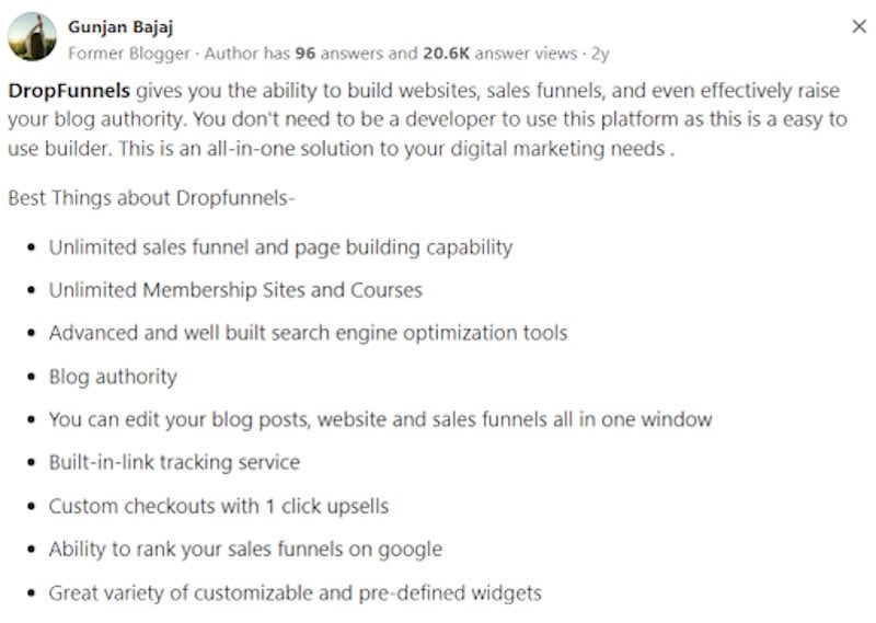 A person on Quora shares the awesome features that DropFunnels has to offer. 