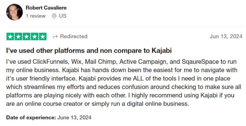 A super positive Kajabi review on Trustpilot. 