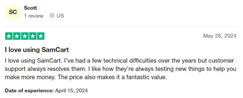 A five star SamCart review someone posted on Trustpilot. 