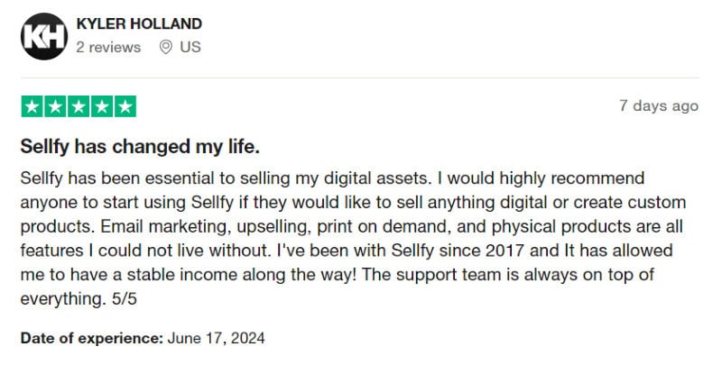 A super positive Sellfy review from someone who claims the platform changed their life. 