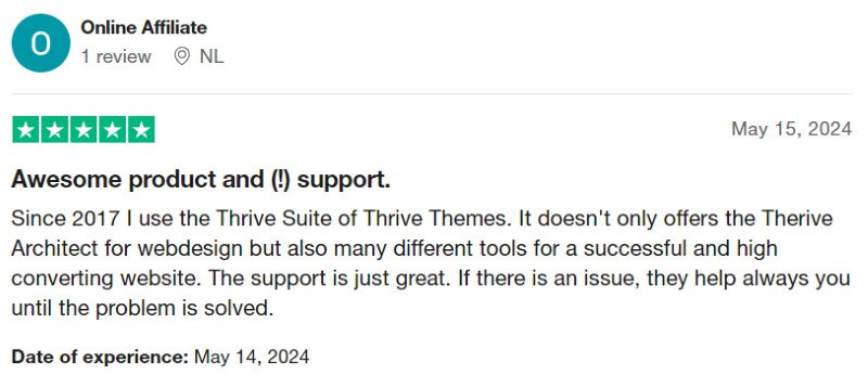 A positive Thrive Themes review from someone on Trustpilot. 