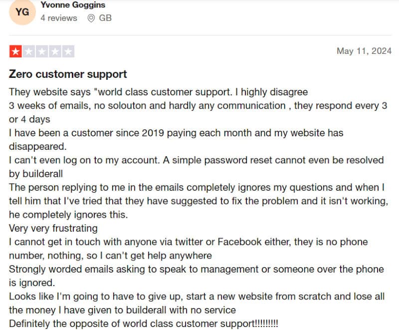 A negative Builderall review from someone who claims the company doesn't have customer support. 