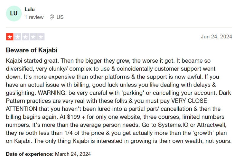 A negative Kajabi review from a customer that experienced billing issues. 