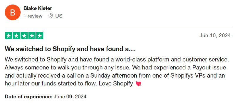 A glowing Shopify review from someone who had a great customer service experience. 