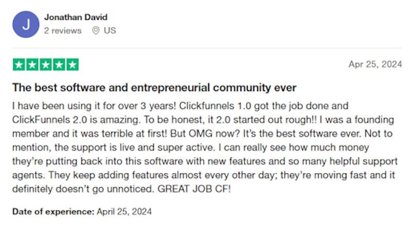 A 5-star ClickFunnels review from a customer who believes it is the 