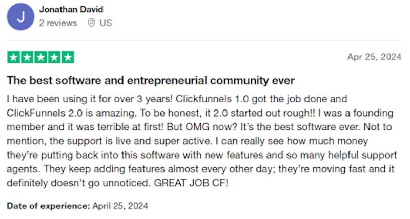 A super positive ClickFunnels review from someone on Trustpilot. 