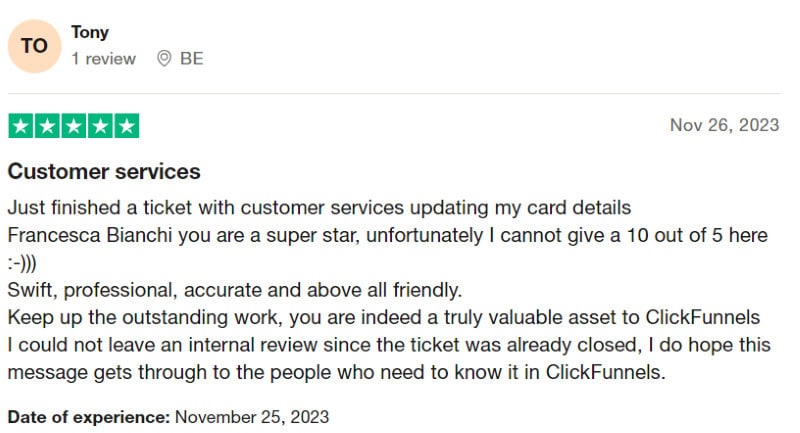 A positive ClickFunnels review from a customer who had a wonderful customer service experience. 