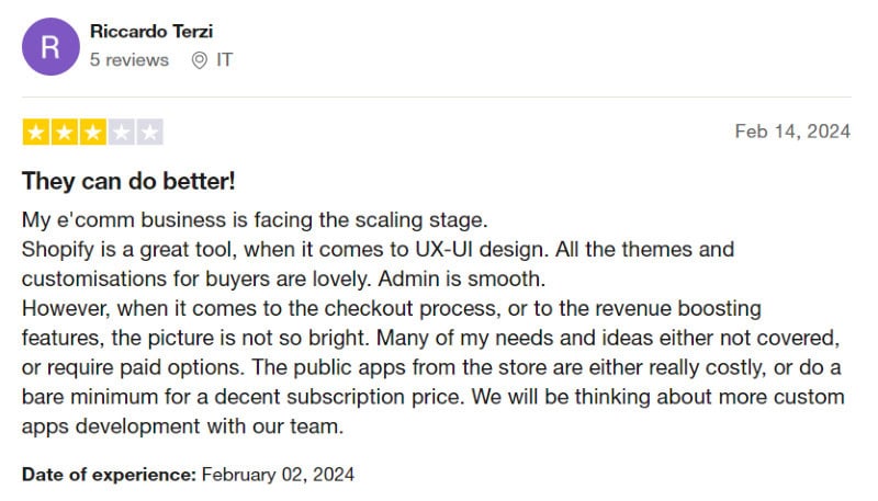 A three-star Shopify review from someone who likes the visuals but wishes the checkout process was better. 