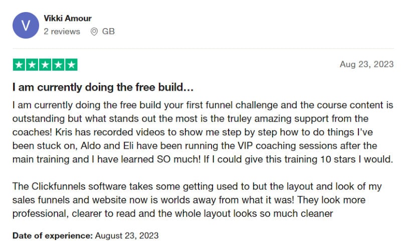 A 5-star ClickFunnels review someone left on Trustpilot. 