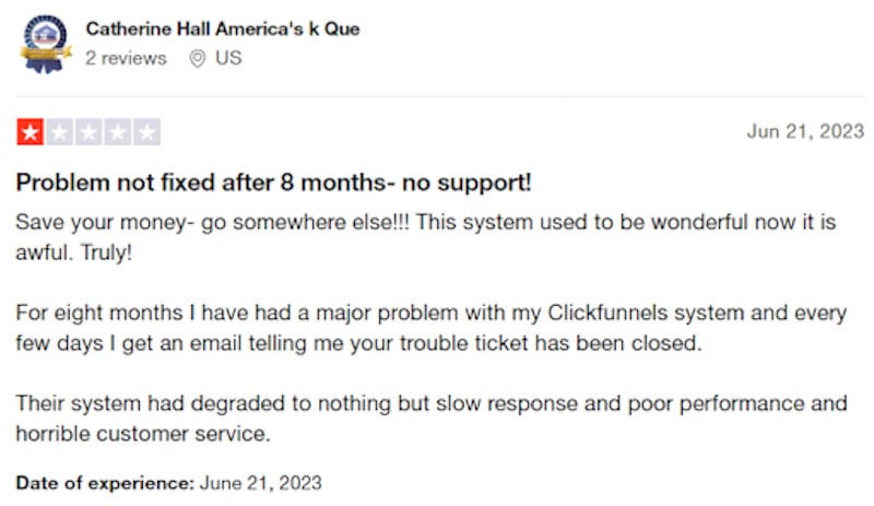 A negative ClickFunnels review from someone who claims they haven't been able to solve problems with customer support in over 8 months. 