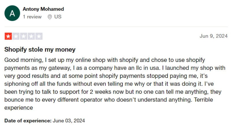 A negative Shopify review from a customer who claims the company 