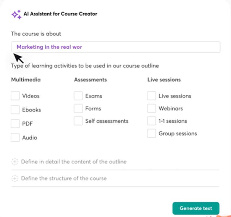 LearnWorlds comes with an AI assistant to help you create online courses easily. 