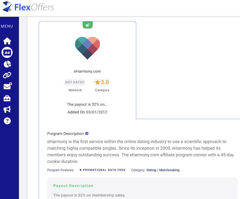 You can sign up for the eHarmony relationship affiliate program by joining the FlexOffers affiliate network. 