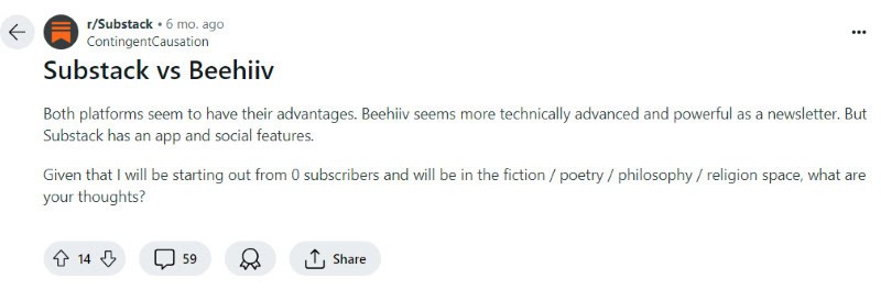 A person on Reddit started a thread comparing Beehiiv and Substack. 