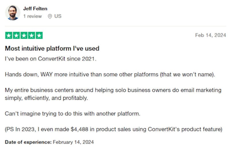 A five star Kit (formerly ConvertKit) review from a happy customer. 