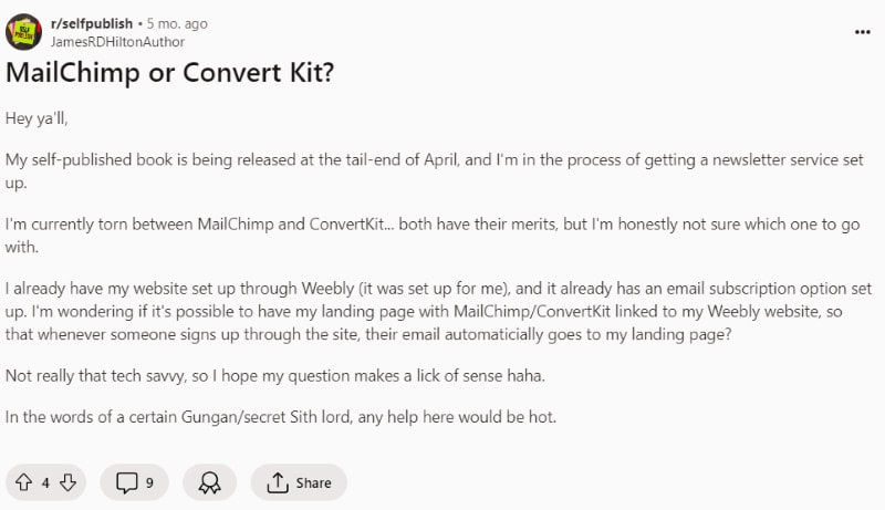 A person on reddit starts a thread asking others which is better: ConvertKit vs Mailchimp? 